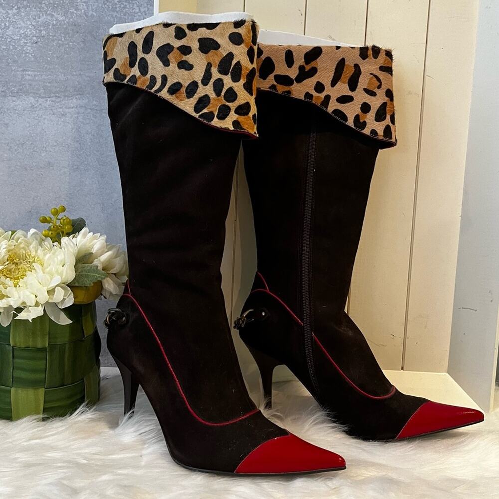 NEW NYLA Suede Leopard Hair Calf Ryba Classic High Heel Knee Boots Chocolate… - Picture 12 of 16